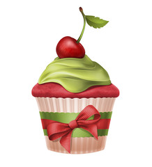 cherry holiday cupcake with ribbon bow illustration