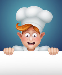 happy young cook in uniform illustration, blank banner
