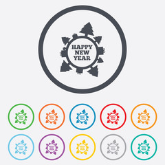 Obraz premium Happy new year globe sign icon. Gifts and trees.