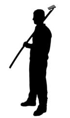 Man with rake on arm silhouette on white