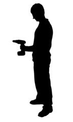 Drilling man with drill silhouette on white