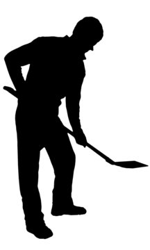 Digging man with shovel silhouette on white