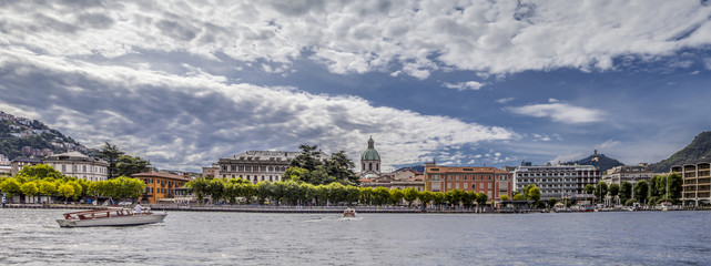 Panorama of the city of Como view from the lake in HDR - obrazy, fototapety, plakaty
