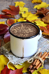 Hot chocolate on autumn background.