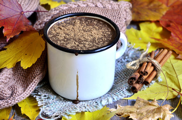 Hot chocolate on autumn background.