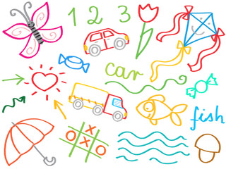 Children's drawings of kids, animals, nature, objects