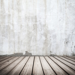 Empty white concrete interior with wooden floor
