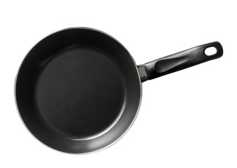 Modern black frying pan isolated on white background
