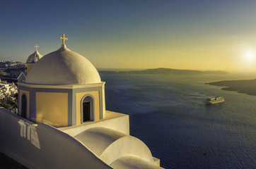 Traditional small church in Thira, Santorini, Greece-vintage