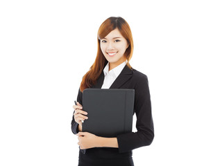 smiling businesswoman holding folder isolated on white