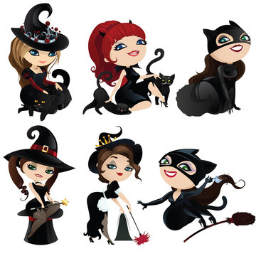 Set of charming witches and cats