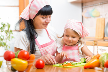woman and her kid daughter preparing vegetables at kitchen