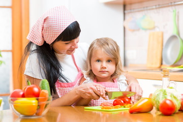 mom and kid girl preparing healthy food