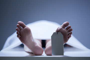 Close-up of human feet in morgue - obrazy, fototapety, plakaty