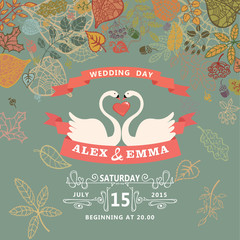 Wedding invitation with swans,autumn leaves