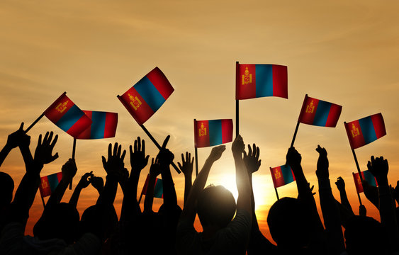Group of People Waving Mongolian Flags Back Lit