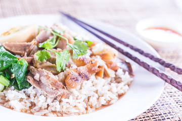 Meat curry with rice, selective focus.