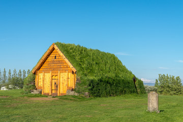 Traditional turf house in Skalholt, Iceland.