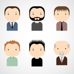 Set of colorful male faces icons. Trendy flat style. Funny