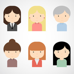 Set of colorful female faces icons. Trendy flat style. Funny