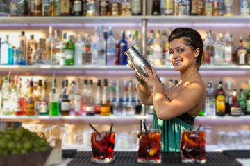 Young barmaid inside Be Towers bar in Budrio, Bologna, Italy. Th