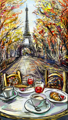 Plakaty  Ulica jesienią Paryż. Wieża Eiffla-ilustracja szkicu