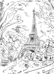 Street in autumn Paris. Eiffel tower -sketch illustration