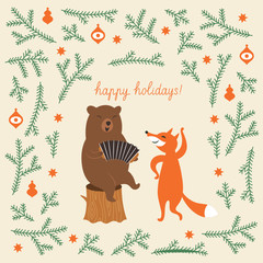 Greeting Christmas card, a bear and a cute fox