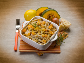 pasta casarecce with pumpkin, lemon peel and parmesan cheese