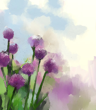Purple onion flowers oil painting.