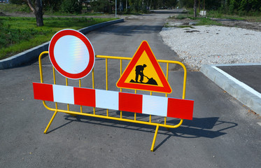 Road works sign for construction works in street