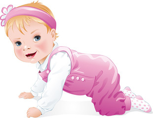 Cute baby girl smiling,crawling, isolated. Vector