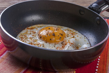 Fried egg on frying pan