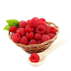 Raspberries in a basket on a white background.