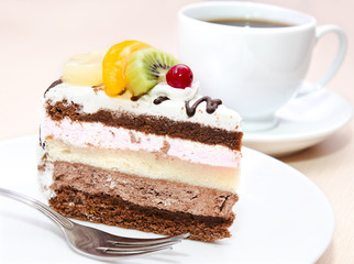Piece of chocolate cake with fruit