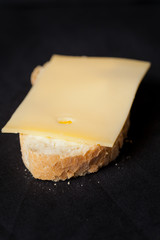 Buttered piece of artisan wheat bread with slice of cheese