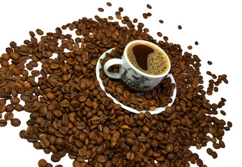 greek arabic  turkish hot coffee bean and cup with plate
