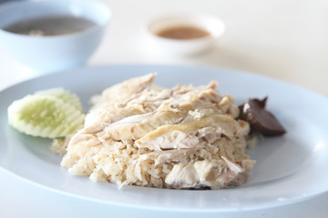 Thai food gourmet steamed chicken with rice , khao mun kai in wo