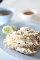 Thai food gourmet steamed chicken with rice , khao mun kai in wo