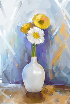 Gerbera flowers oil painting.Vase with  bouquet flowers