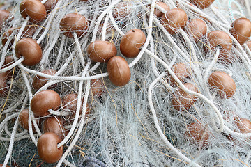 tangle of fishing nets with Cork floats for fishing on the seas
