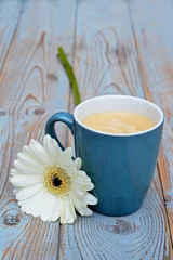 Fototapeten blauwe koffiekop met witte gerbera op oud hout © trinetuzun
