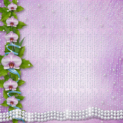 Greeting card with beautiful branch orchid and pearls for a wedd
