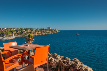 View from cafe at harbor and downtown Marina in Antalya
