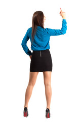 Rear view of business woman showing middle finger
