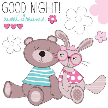 sweet dreams bunny and bear vector illustration
