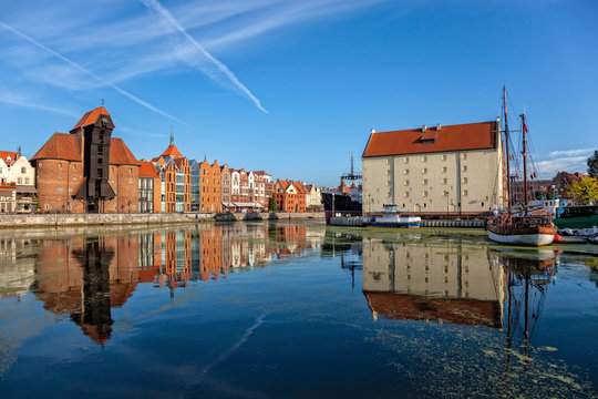 The riverside with the characteristic Crenee of Gdansk, Poland.
