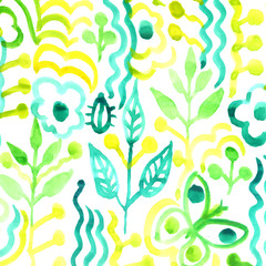 Watercolor pattern with flowers and plants. Floral tribal patter