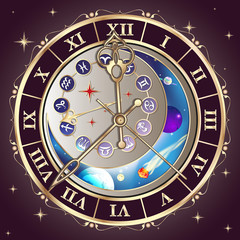 Zodiac signs, astrological clock, vector