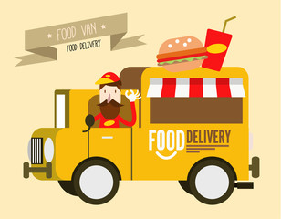 Hamburger van. fast food delivery. flat design vector